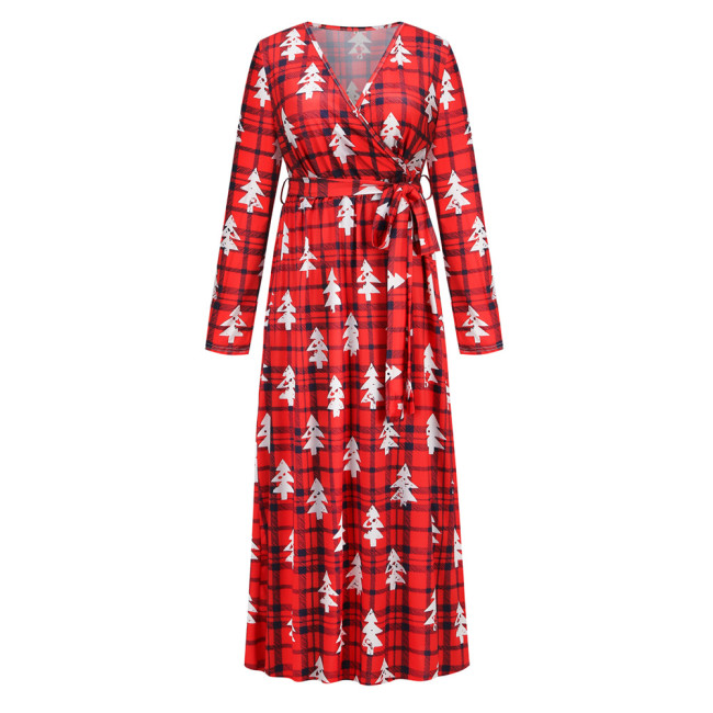 Women's Christmas Dress Full Print V-Neck Long Sleeve Lightweight Maxi Dress