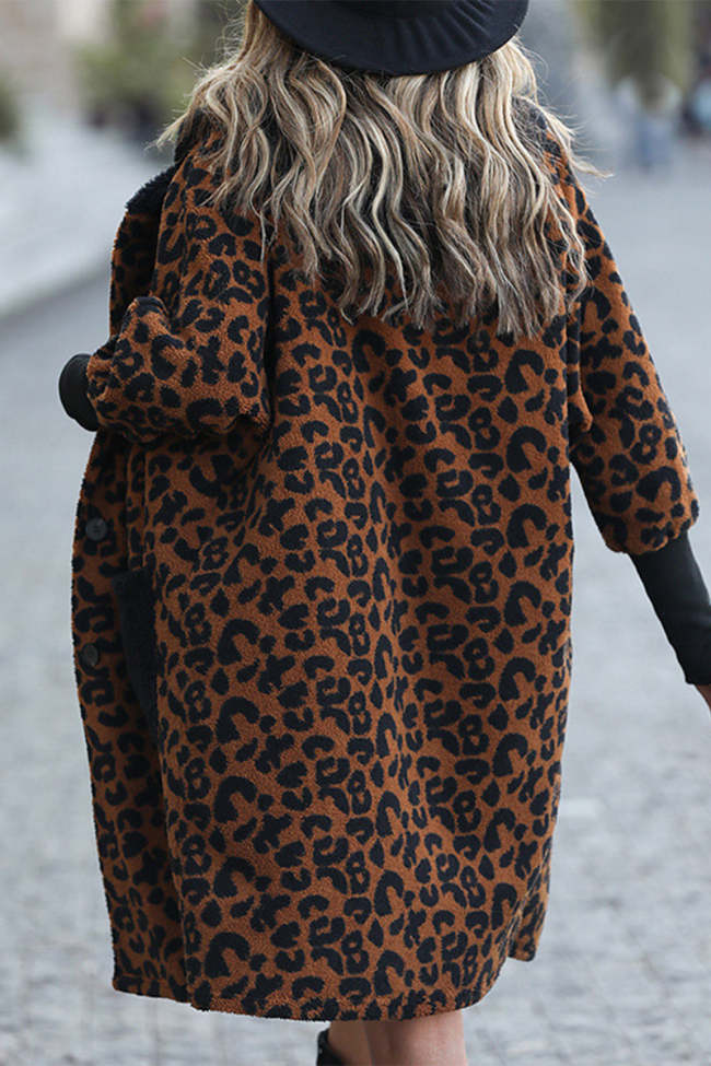 Casual Street Leopard Pocket Hooded Collar Jacket Outerwear