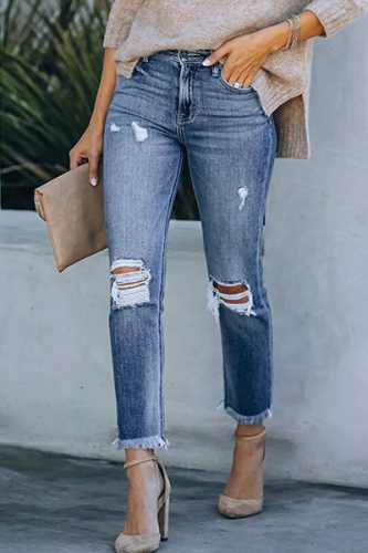 Women's Jeans Casual Solid Tassel Ripped Pencil Bottoms Pant