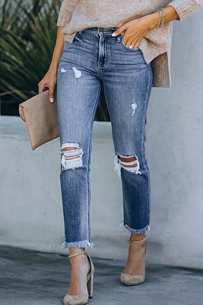Women's Jeans Casual Solid Tassel Ripped Pencil Bottoms Pant
