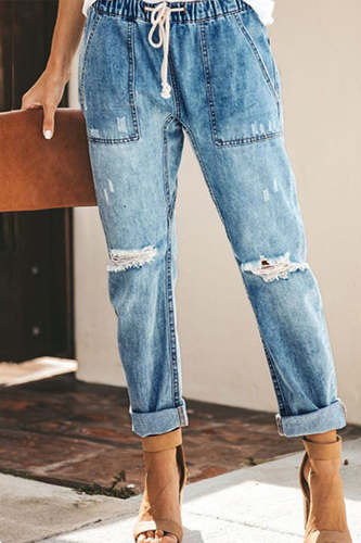 Street Solid Ripped Frenulum Straight Denim Jeans