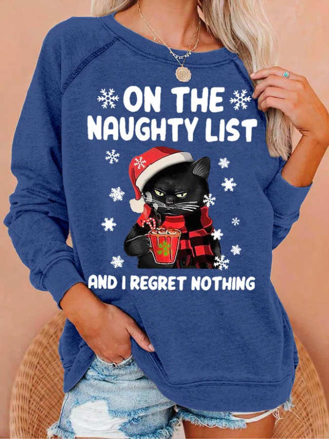 Womens Christmas Black Cat Crew Neck Casual Sweatshirts
