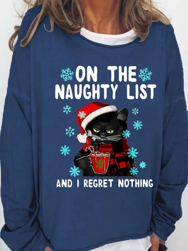Womens Black cat On the naughty list and i regret nothing Christmas Sweatshirts
