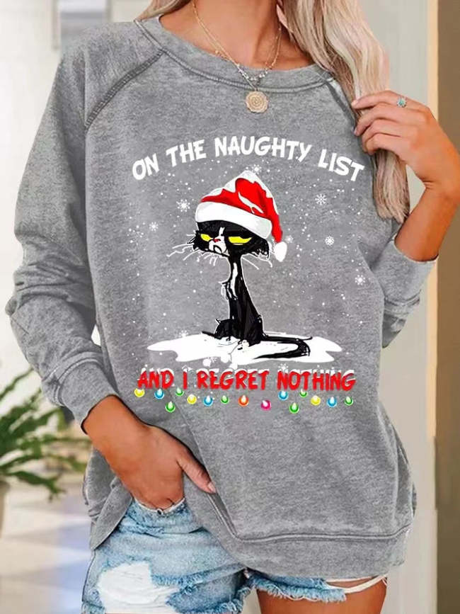 Women Funny Christmas Cat Graphic Loose Simple Sweatshirts