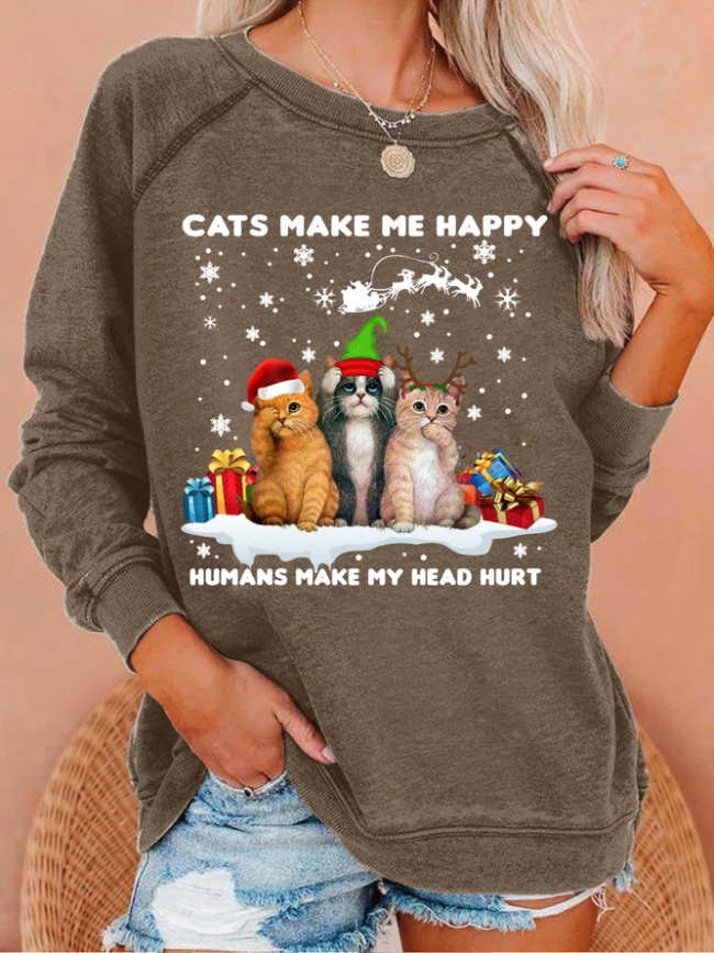 Womens Christmas Cat Lover Casual Crew Neck Sweatshirts