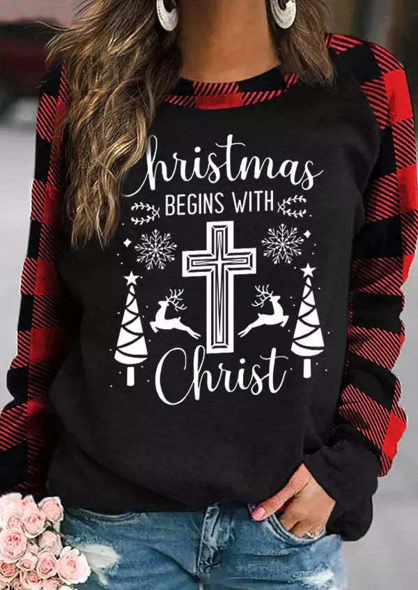 Women's Jesus Christmas Begins With Christ Cross Plaid Sweatshirt