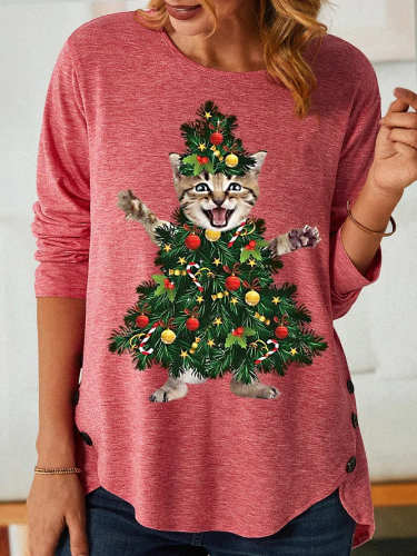 Womens Funny Cat Christmas Tree PrintTop