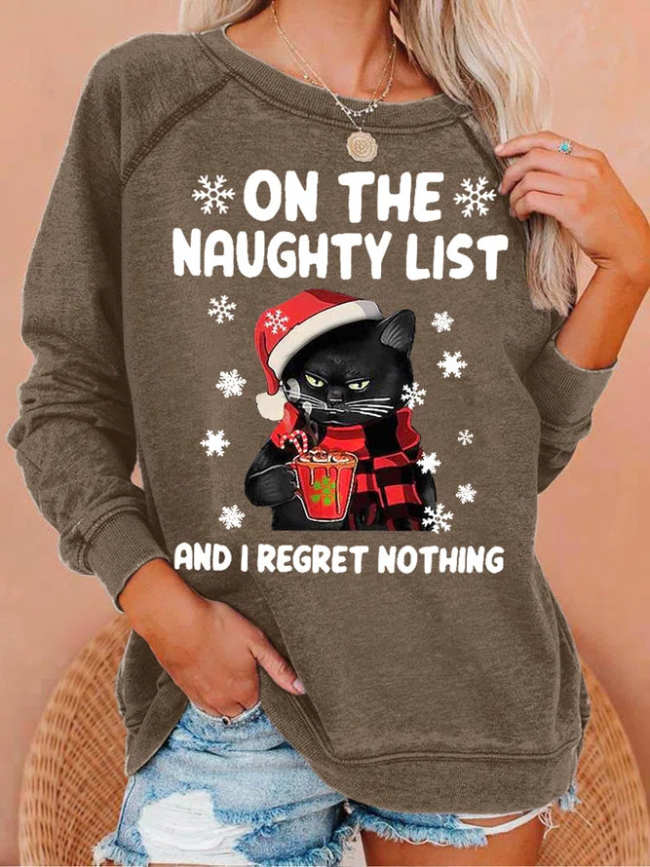 Womens Christmas Black Cat Crew Neck Casual Sweatshirts