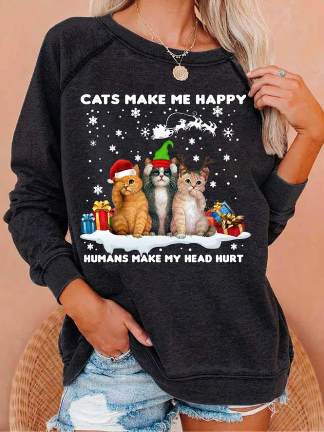 Womens Christmas Cat Lover Casual Crew Neck Sweatshirts