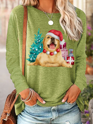 Womens Christmas Tree with Cat Print Crew Neck Long Sleeve Top