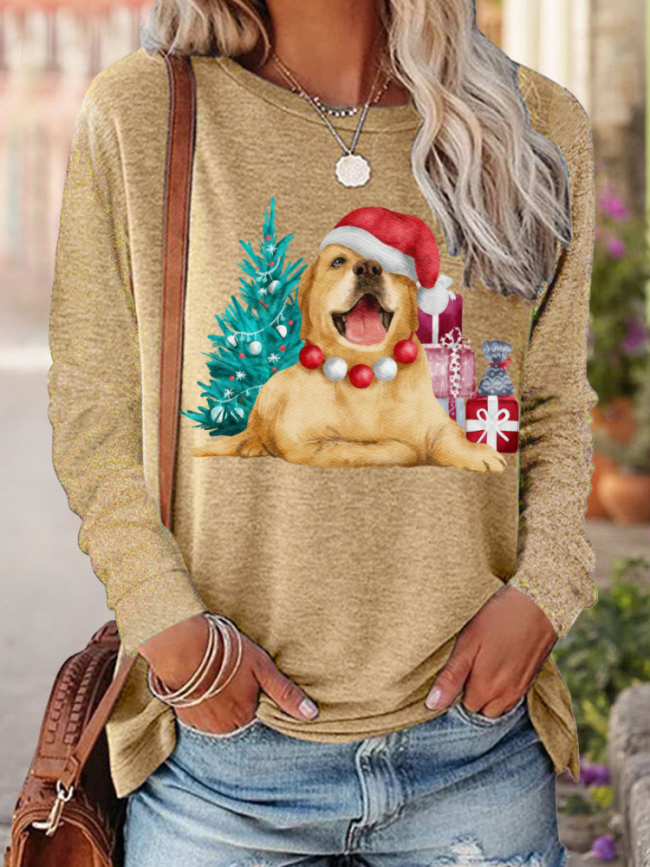 Womens Christmas Tree with Cat Print Crew Neck Long Sleeve Top