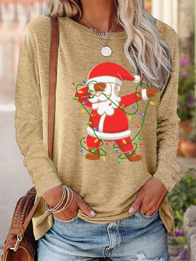 Womens Christmas Snowman with Light Print Crew Neck Long Sleeve Top