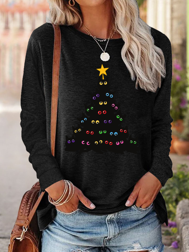 Womens Christmas Tree Cute Black Cat Christmas Print Crew Neck Long Sleeve Top