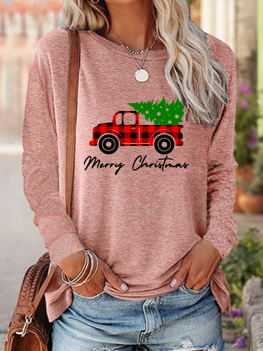 Womens Merry Christmas Tree with Truck Print Crew Neck Long Sleeve Top