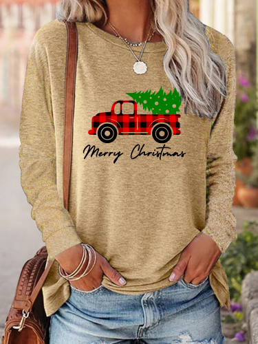 Womens Merry Christmas Tree with Truck Print Crew Neck Long Sleeve Top