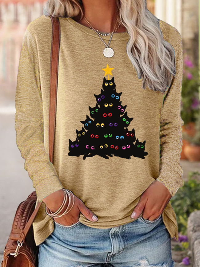 Womens Christmas Tree Cute Black Cat Christmas Print Crew Neck Long Sleeve Top