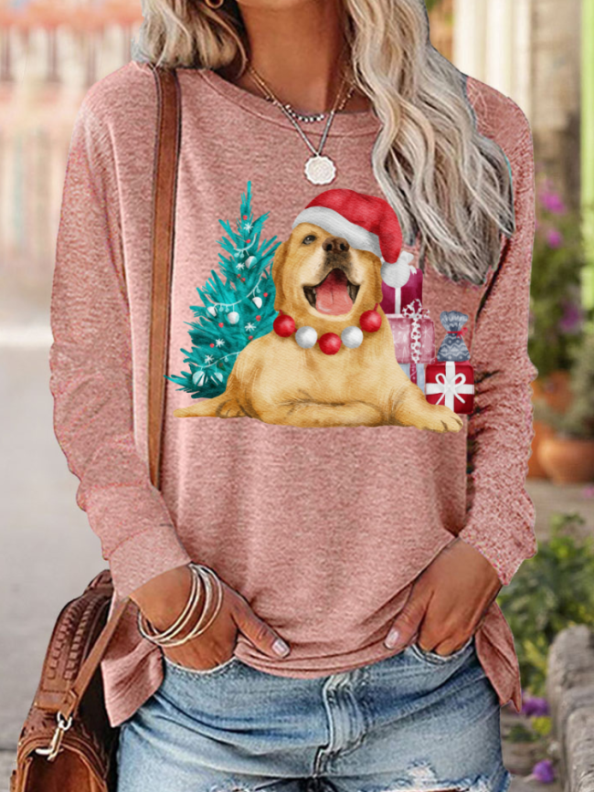 Womens Christmas Tree with Cat Print Crew Neck Long Sleeve Top