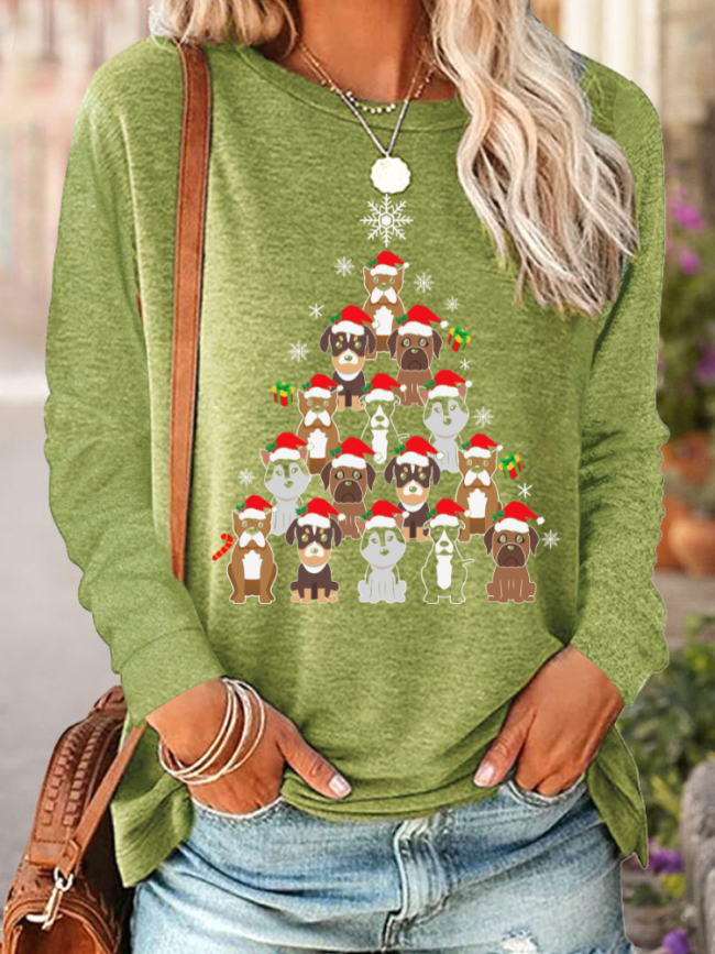 Womens Christmas Tree Cute Animal Print Crew Neck Long Sleeve Top