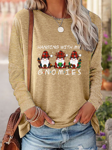 Womens Christmas Gnomes Print Crew Neck Long Sleeve T-Shirt Top