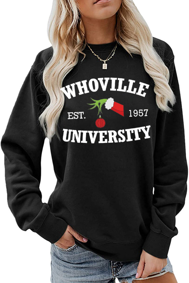 Womens Whoville University Christmas Letter Print Crew Neck Sweatshirts