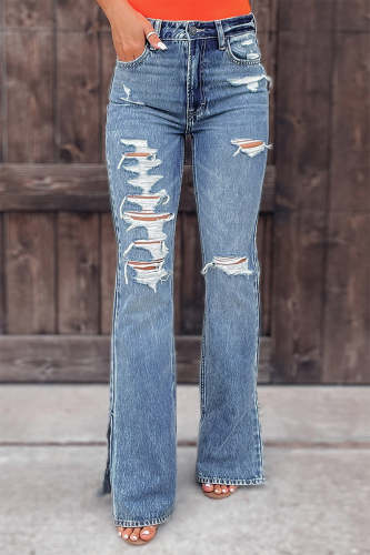 Street Solid Ripped Mid Waist Straight Denim Jeans
