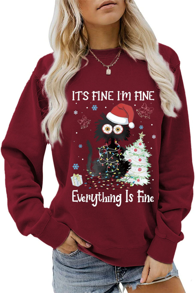 Womens It's Fine Everything is Fine Christmas Tree with Black Cat Print Crew Neck Sweatshirts
