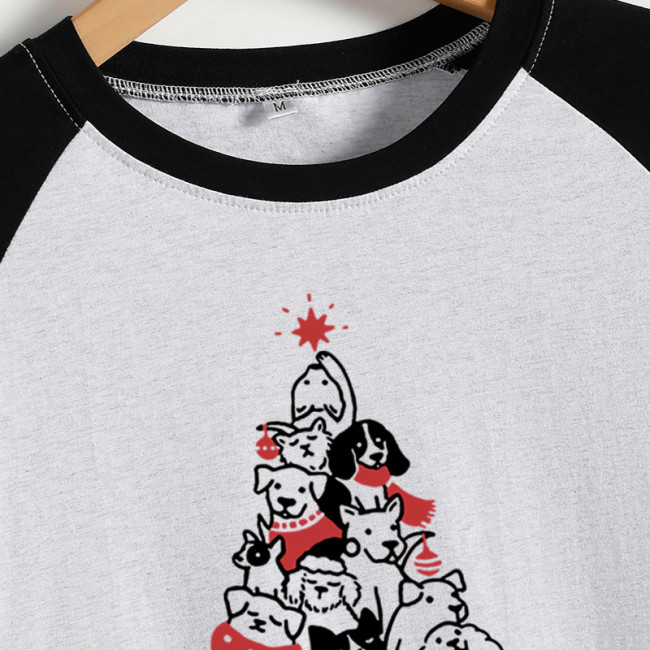 Womens Merry Woofmas Little Dog Christmas Tree Crew Neck T-Shirt Top