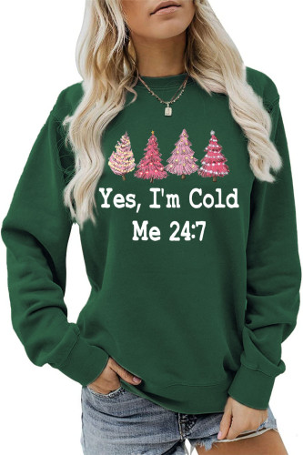 Womens Yes I'm Cold Letter Print Christmas Tree Crew Neck Sweatshirts