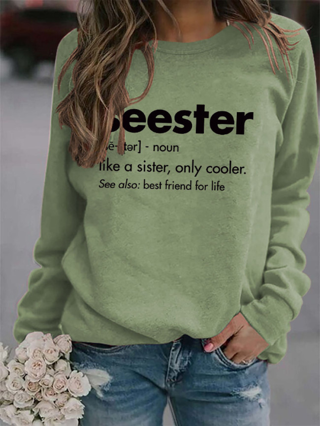 Womens Seester Sister Letter Print Crew Neck Loose Sweatshirt