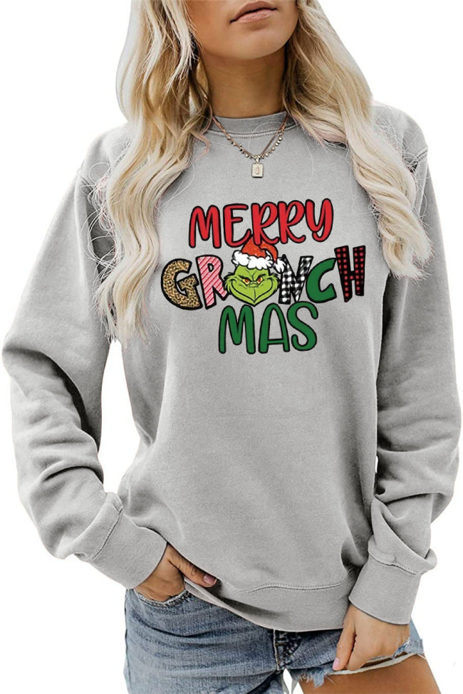 Womens Merry Christmas Letter Print Funny Animal Graphic Crew Neck Sweatshirt