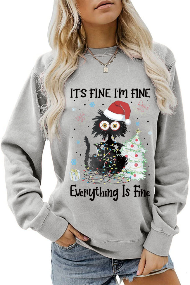 Womens It's Fine Everything is Fine Christmas Tree with Black Cat Print Crew Neck Sweatshirts