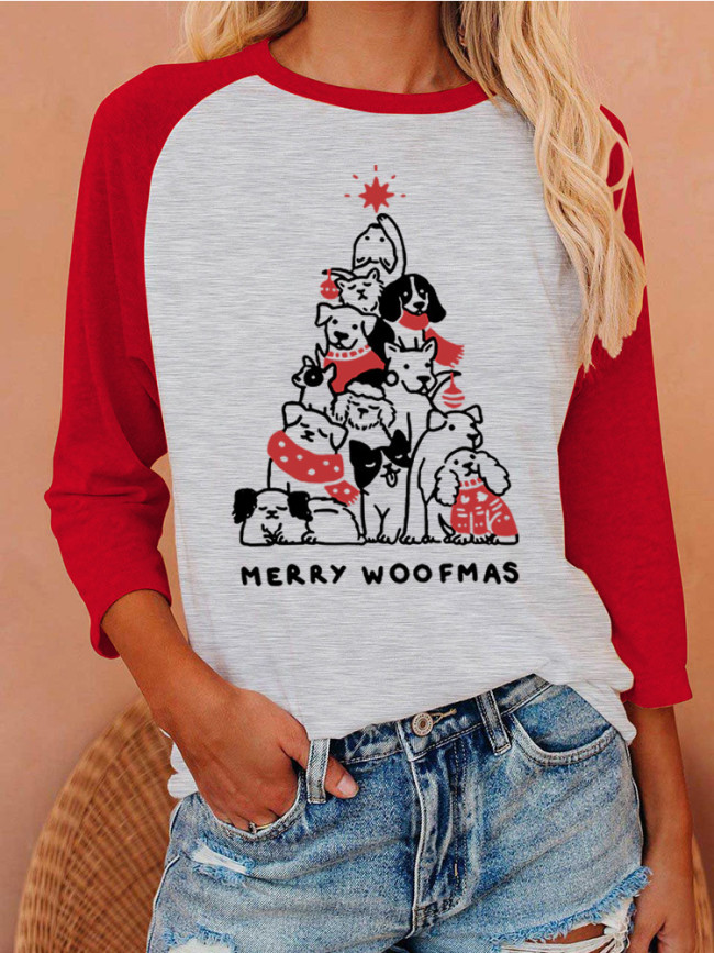 Womens Merry Woofmas Little Dog Christmas Tree Crew Neck T-Shirt Top