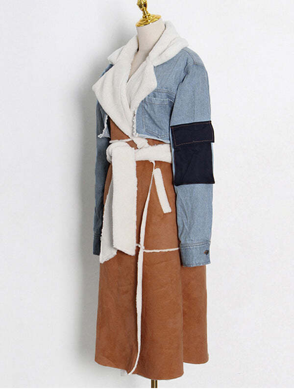 Denim Combo Shearling Coat Winter Jacket---Free Shipping