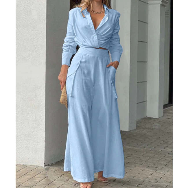 Women's Casual Solid Color Cropped Long Sleeve Shirt High Waist Wide Leg Pants Two Piece Set