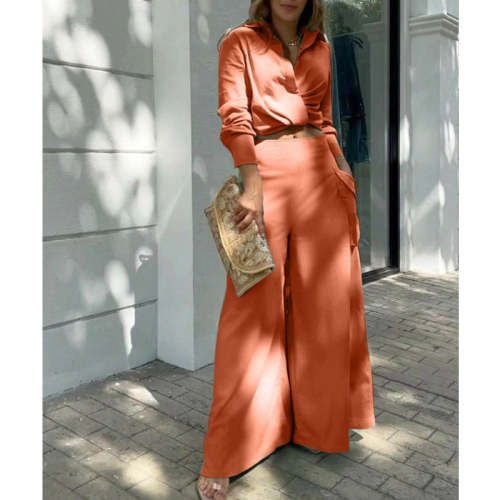 Women's Casual Solid Color Cropped Long Sleeve Shirt High Waist Wide Leg Pants Two Piece Set