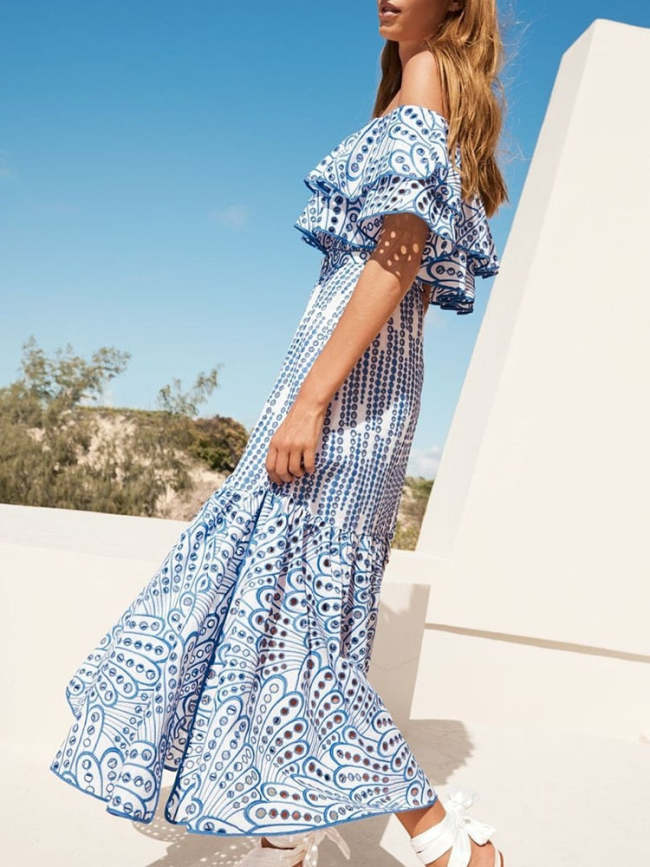 Womens Holiday Dress Hollow out Floral off Shoulder Long Maxi Dress for Holiday Beach Photo Shoot