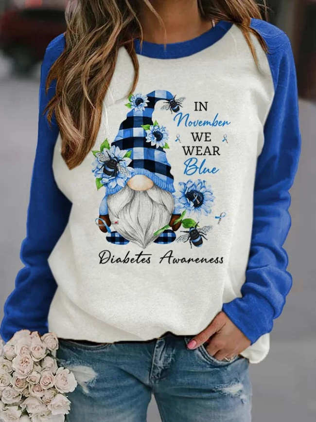 Diabetes Awarenes In November We Wear Blue Gnome Sunflower Print Sweatshirt