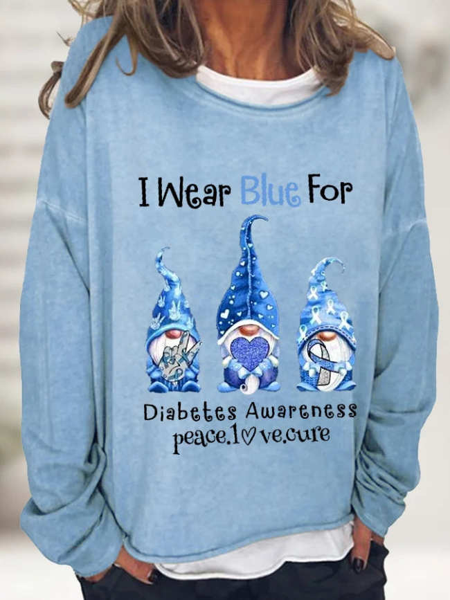 Women's I Wear Blue For Diabetes Awareness Gnomes Graphic Long-Sleeve Sweatshirt