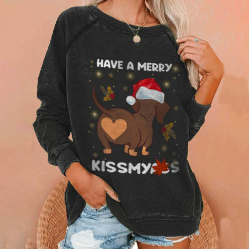 Merry Christmas Dog Print Crew Neck Sweatshirt