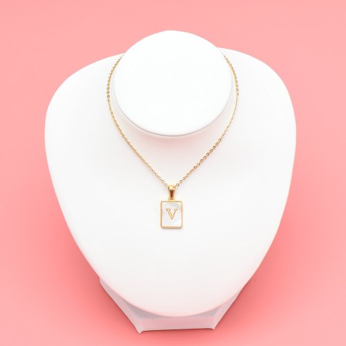 White Mother of Pearl Initial A-Z Square Pendant Necklace 18K Gold Plated Stainless Steel Necklace