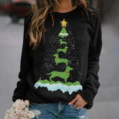 Green Dog Christmas Tree Print Casual Sweatshirt