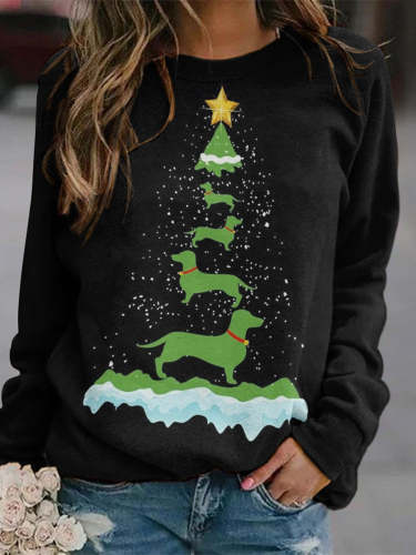 Green Dog Christmas Tree Print Casual Sweatshirt