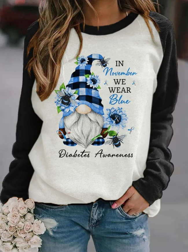 Diabetes Awarenes In November We Wear Blue Gnome Sunflower Print Sweatshirt