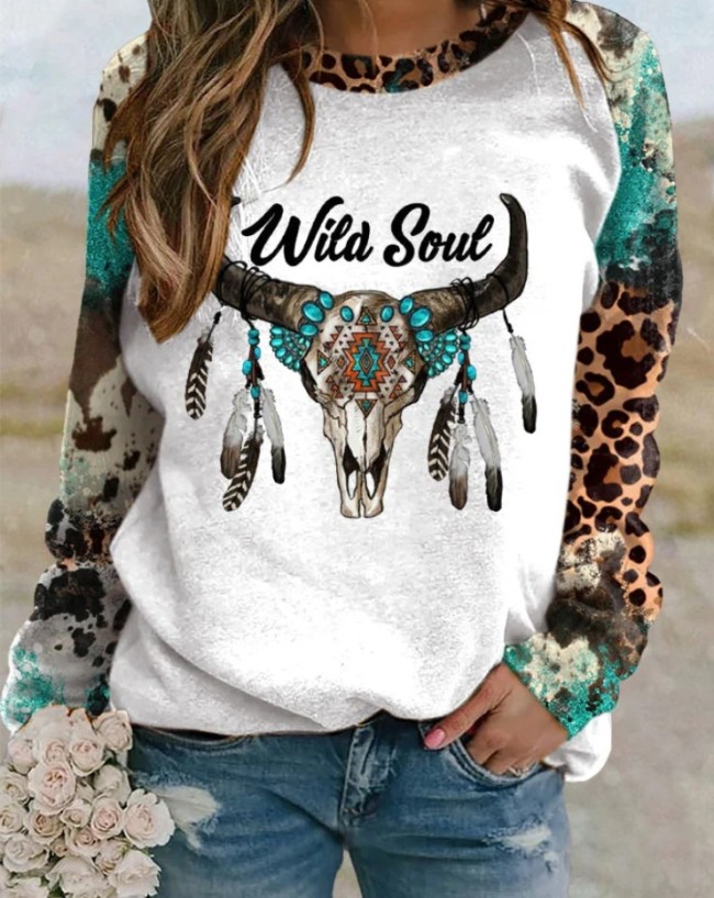 Womens Western Cowgirl Style Horse Feather Tribal Print Casual T-Shirt Top