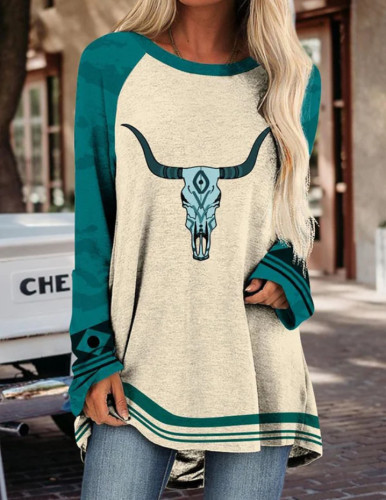 Womens Skull Bull Western Tribal Print Crew Neck Loose Top