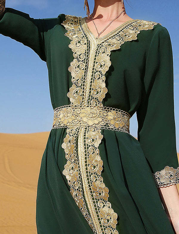 Women's Green Moroccan Style Embroidery Lace Floral Abaya Up