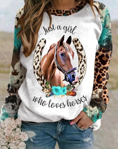 Womens Western Cowgirl Style Horse Feather Tribal Print Casual T-Shirt Top