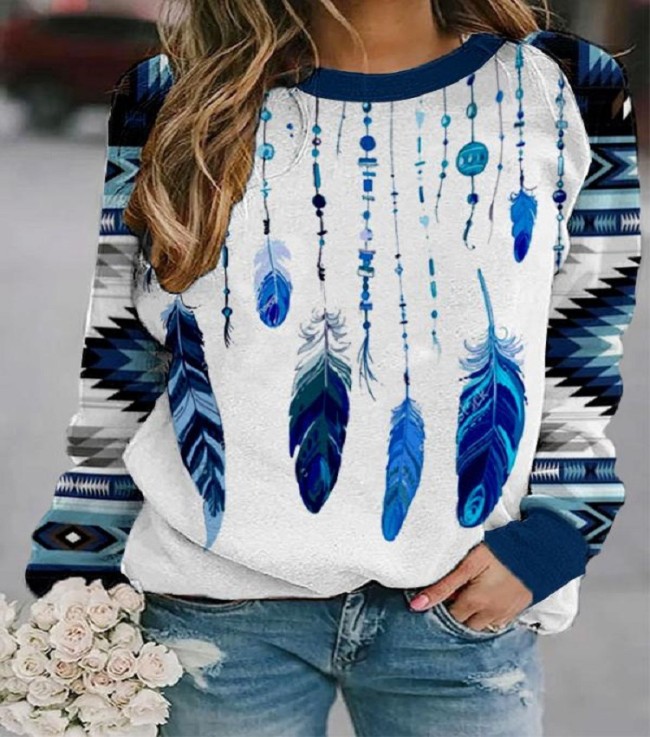 Womens Vintage Western Ethnic Geometric Feather Print Casual Crew Neck Top