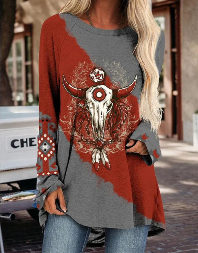 Womens Cowgirl Western Style Skull Bull Pattern Crew Neck Loose T-Shirt Top