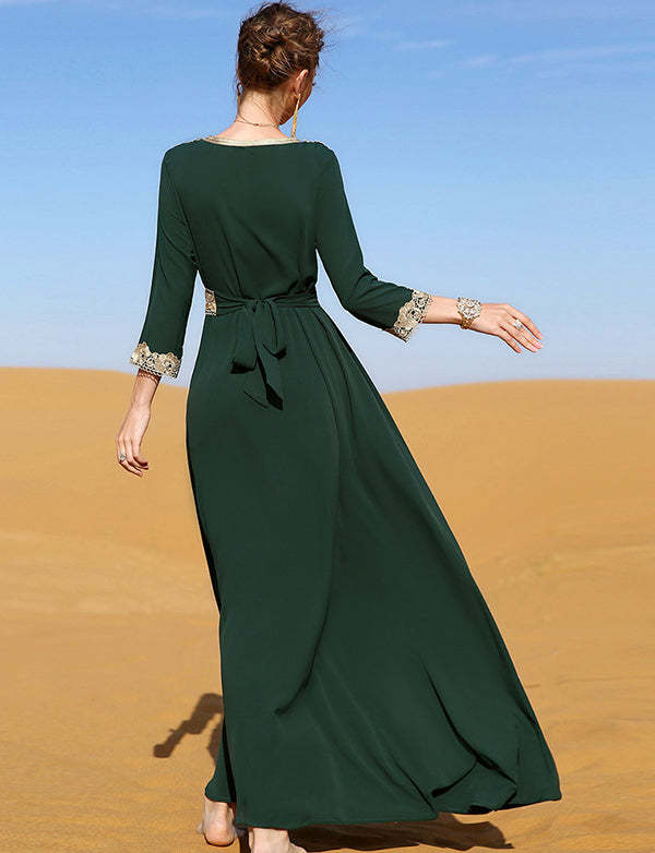 Women's Green Moroccan Style Embroidery Lace Floral Abaya Up